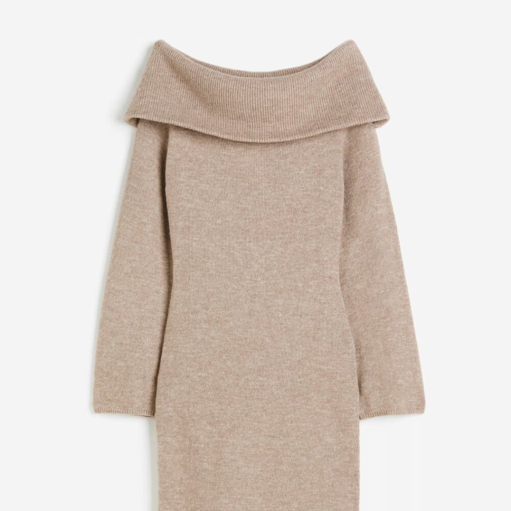 H&M Beige Off-Shoulder Long Sleeve Knit Dress